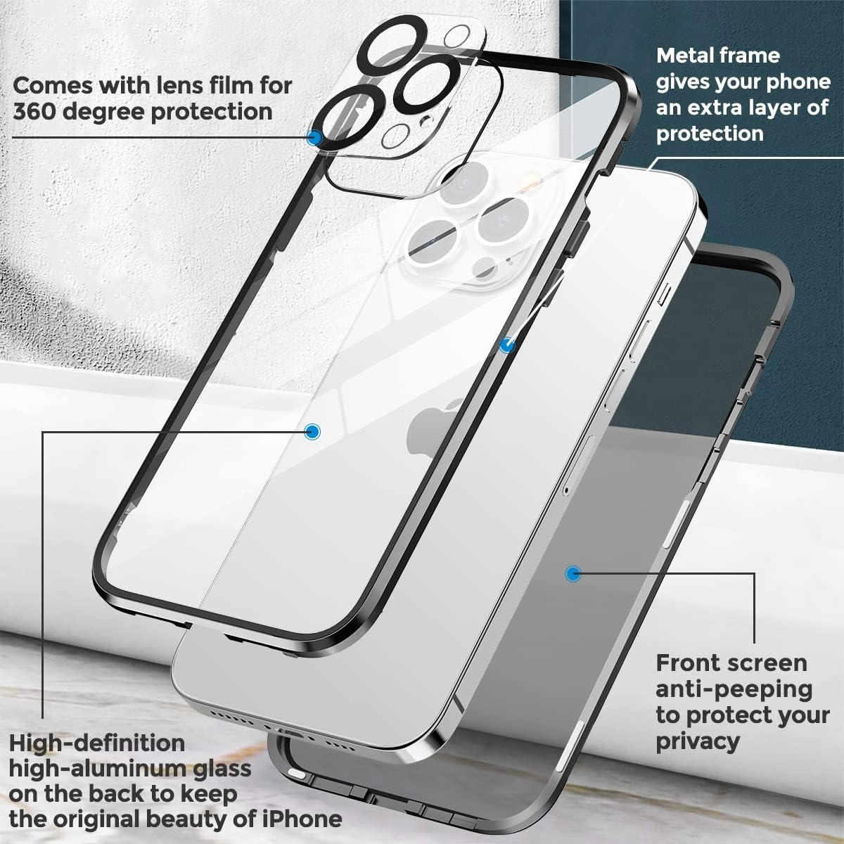 Reukdnv Funda magnética para iPhone 12 Pro, 100 % sensibilidad de pantalla, protector de pantalla antiespías, doble cara de vidrio 9H, para iPhone