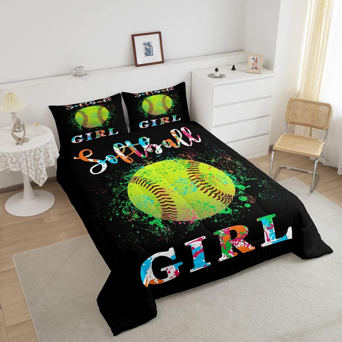 Juego de edredón de sóftbol para niños, tamaño matrimonial, juego de ropa de cama con temática deportiva para niños, niñas, adolescentes, decoración