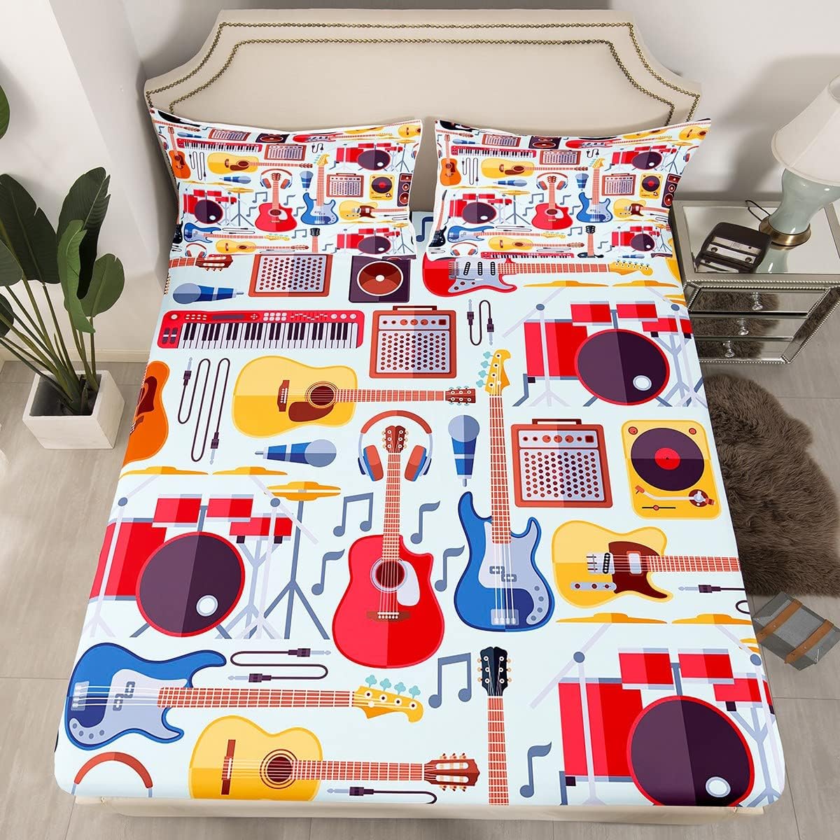 Manfei Juego de sábanas bajeras musicales de tamaño individual, juego de ropa de cama con estampado de auriculares, 2 piezas para niños, niñas,