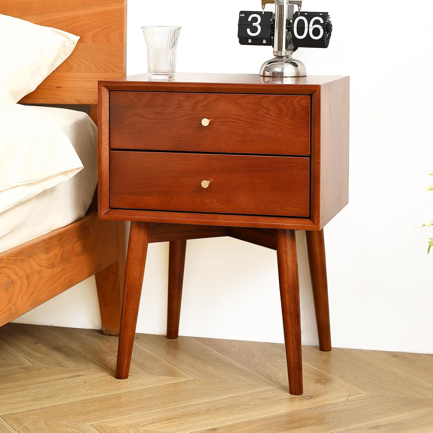Olusmane Mesita de noche moderna de mediados de siglo, mesita de noche de madera de roble macizo con 2 cajones, mesita de noche pequeña resistente y