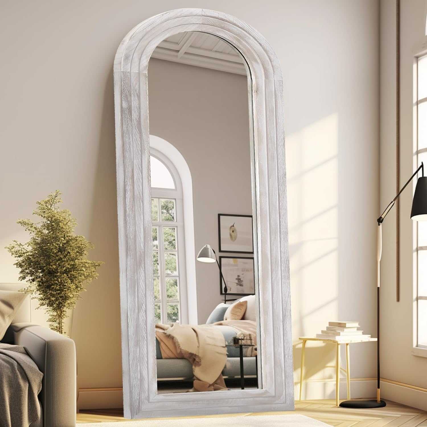 ZHUNFA Espejo arqueado de longitud completa con marco de madera maciza, espejo de pared de granja de 65 x 22 pulgadas, con soporte, para colgar