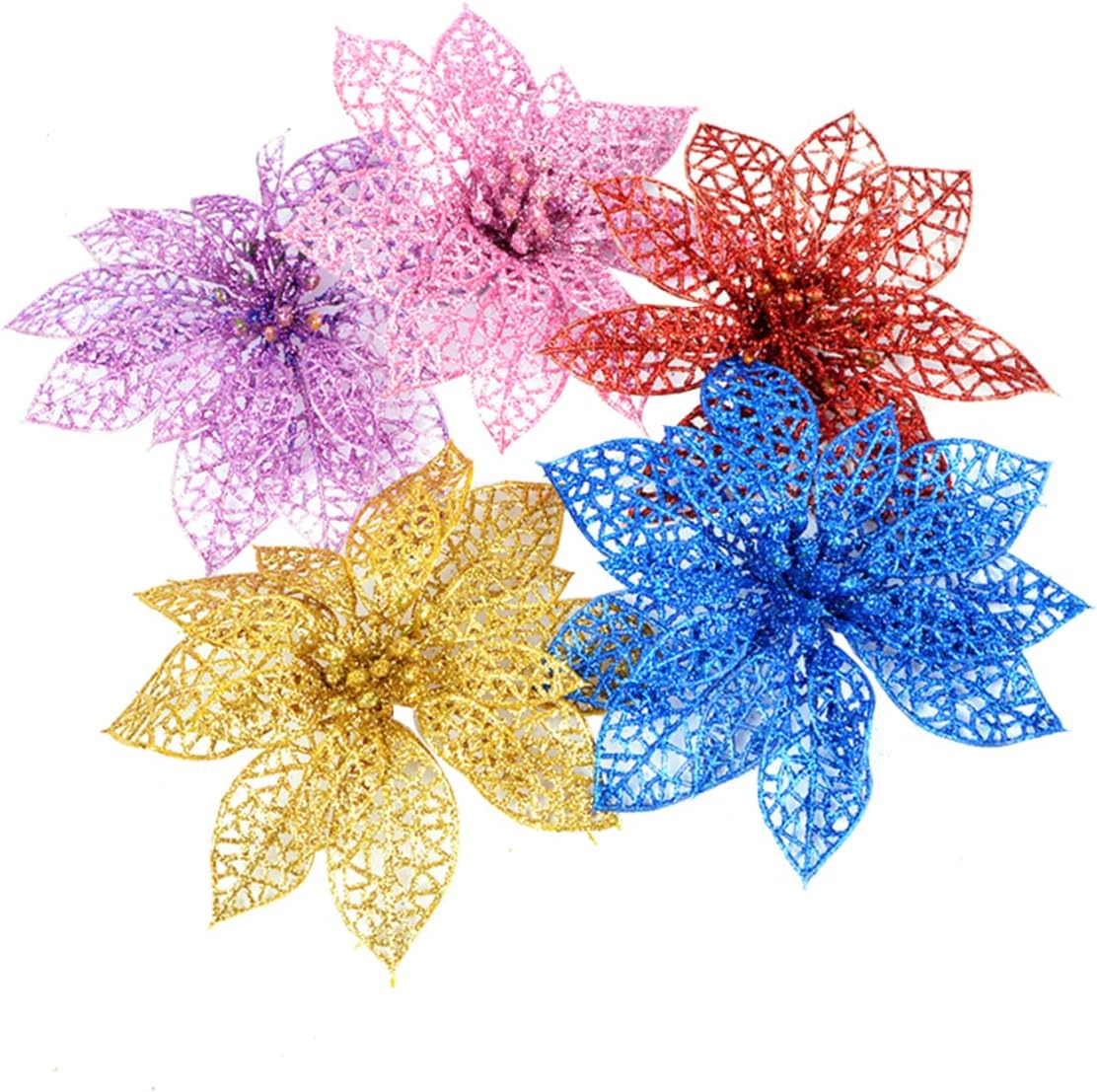BESTOYARD 20 Pcs Glitter Poinsettia Flowers Glitter Christmas Flowers Christmas Wreath Stems Artificial Poinsettia Flowers Artificial Christmas