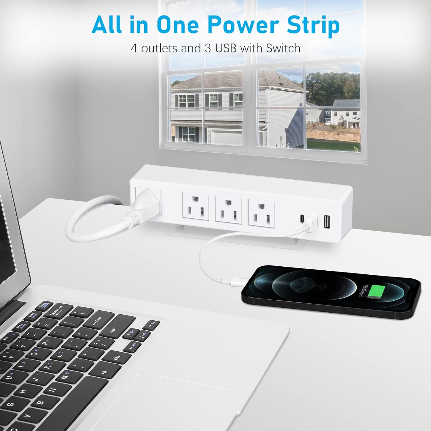 Tira de alimentación blanca tipo C para debajo del escritorio, tira de alimentación adhesiva de montaje en pared con puertos USB C, toma de enchufe