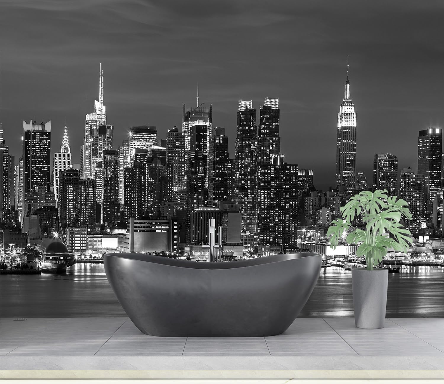 YQWDMX – Papel tapiz con vista nocturna de la ciudad en blanco y negro para decoración de pared de fondo de baño (no despegar ni pegar)