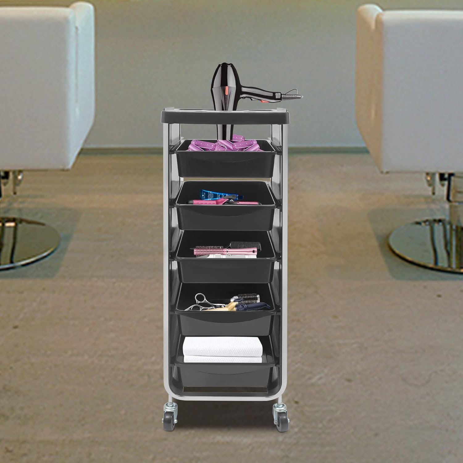 Carrito de salón con ruedas para peluquería, carrito de belleza con 5 cajones grandes, carrito de herramientas multiusos para tiendas de belleza,