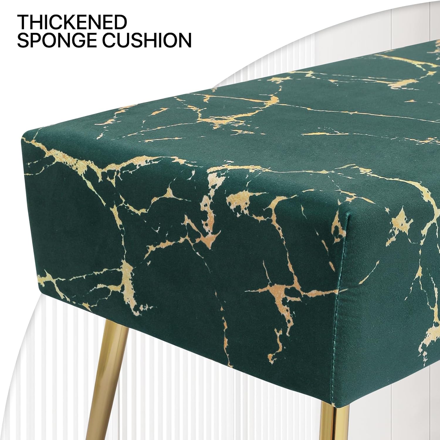 MoNiBloom Banco otomano tapizado de terciopelo verde para dormitorio, extremo de cama, moderno patrón de mármol, otomano elegante y versátil,