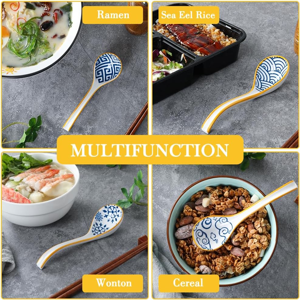 Juego de 6 cucharas de sopa, bolas de masa para sopa asiática, juego de cucharas japonesas con fondo antideslizante para ramen, wonton chino,