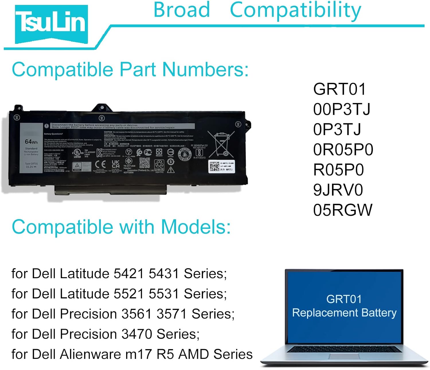 64Wh GRT01 – Batería de repuesto para laptop Dell Latitude 14 5421 5431 15 5521 5531 Precision 3470 3561 3571 Alienware m17 R5 AMD Series 0R05P0
