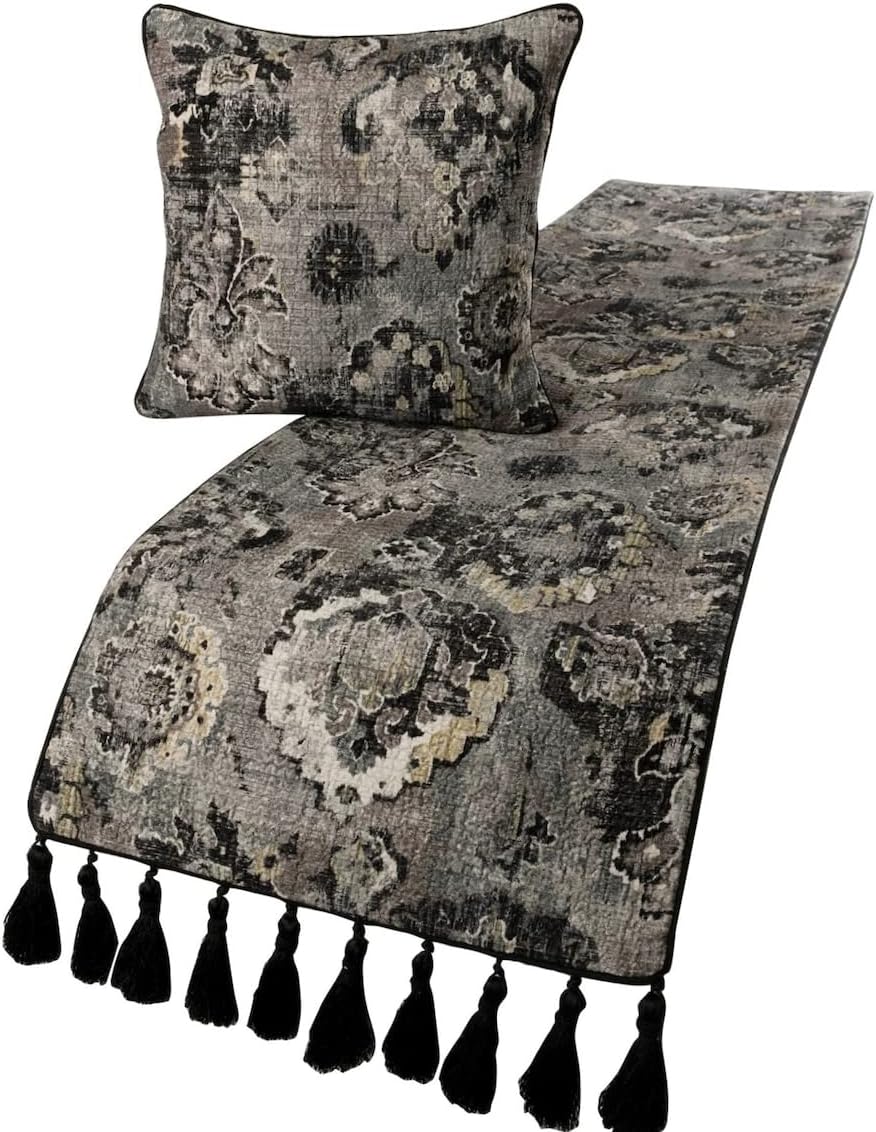 The HomeCentric Camino de cama de lujo tamaño Queen de 74 x 18 pulgadas con funda de almohada, damasco de terciopelo con borlas, bufanda de cama,