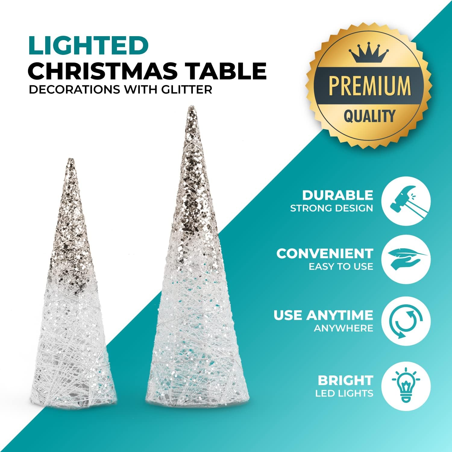 2 decoraciones de mesa de Navidad iluminadas con purpurina, funciona con pilas, con forma de árbol de Navidad LED, decoración navideña para