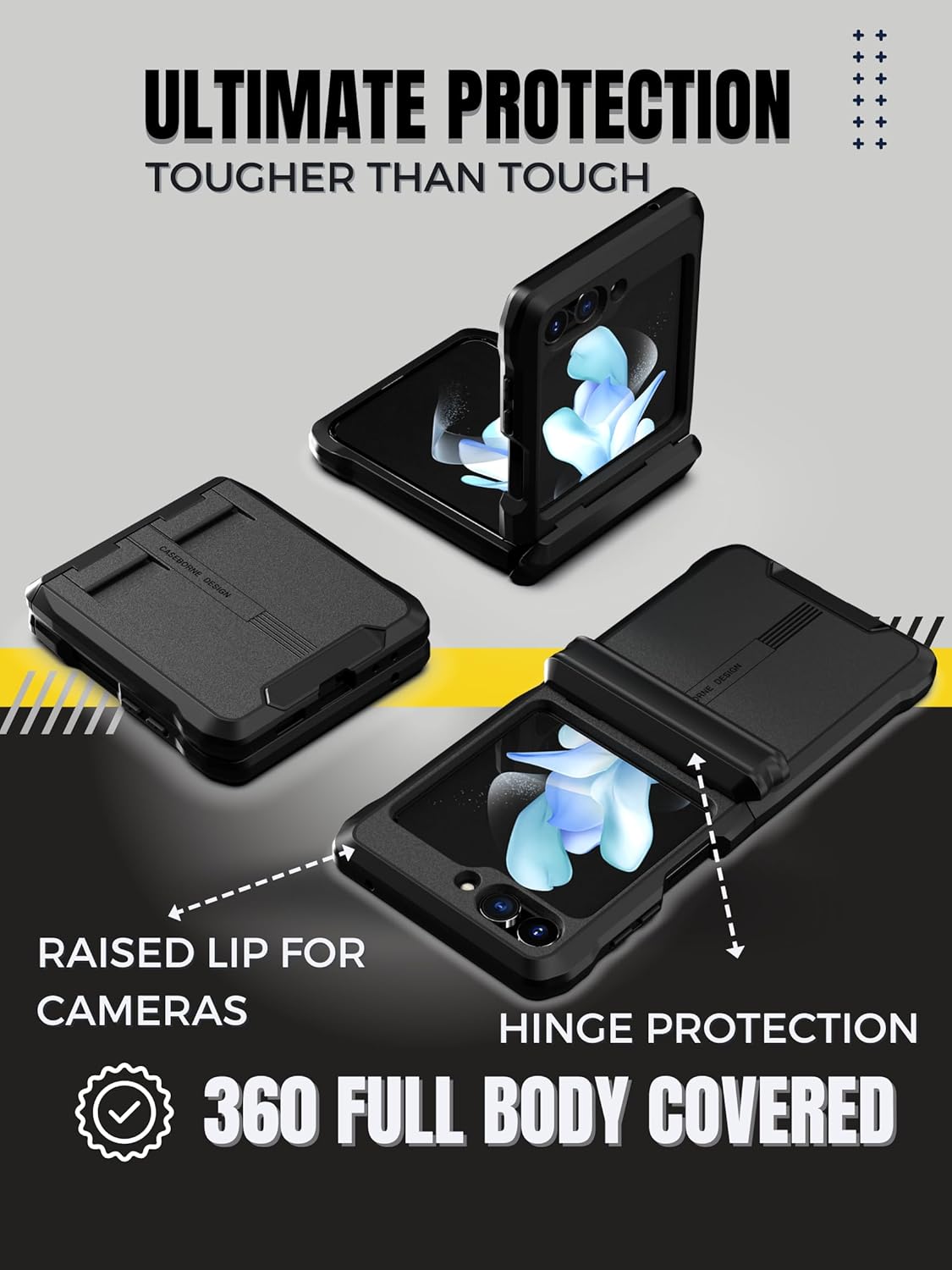 CaseBorne V – Funda compatible con Samsung Galaxy Z Flip 5, funda protectora resistente con bisagra semiautomática y protector de pantalla de vidrio