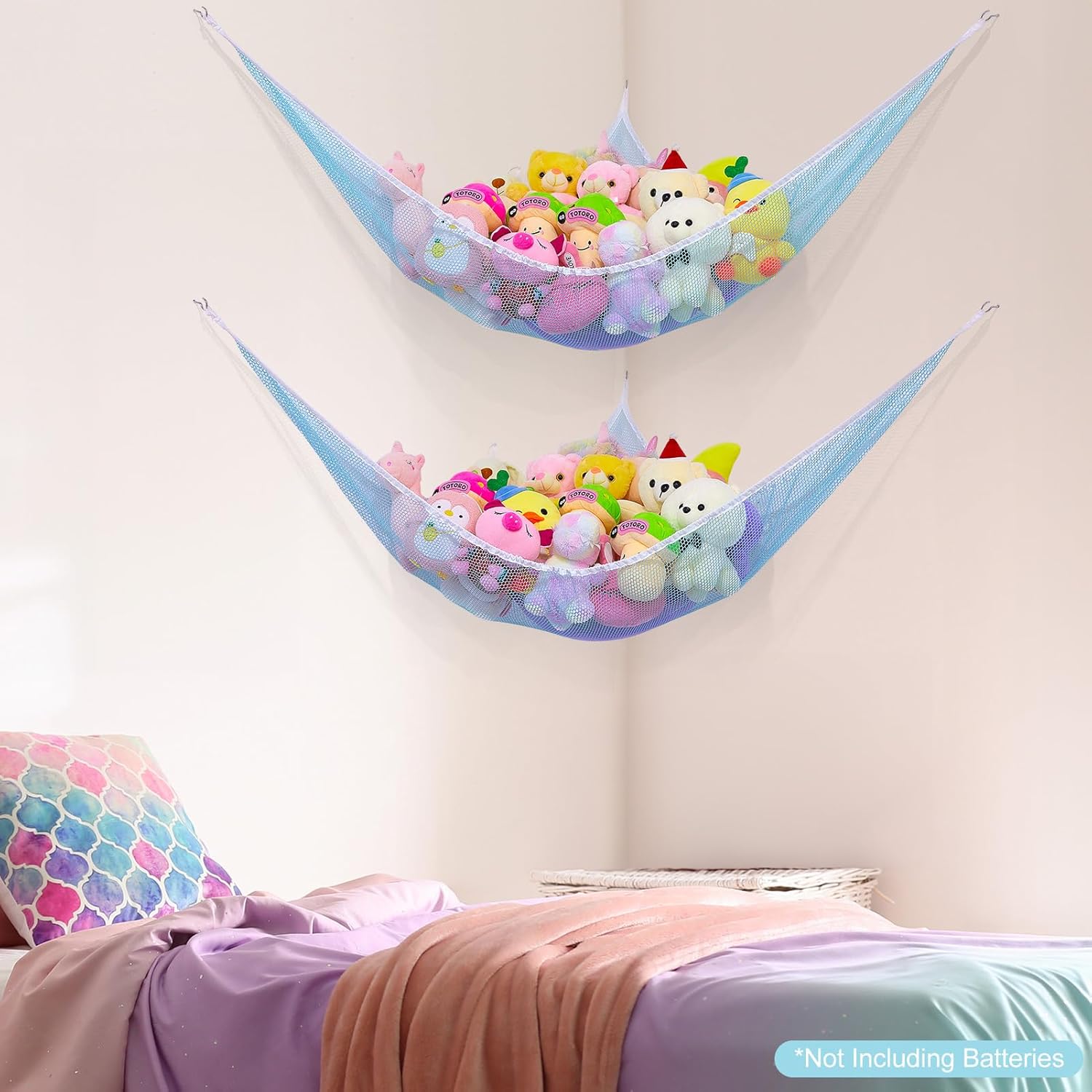 Basumee Red de animales de peluche o hamaca con luz LED, hamaca de red de juguetes para almacenamiento de animales de peluche, hamacas para