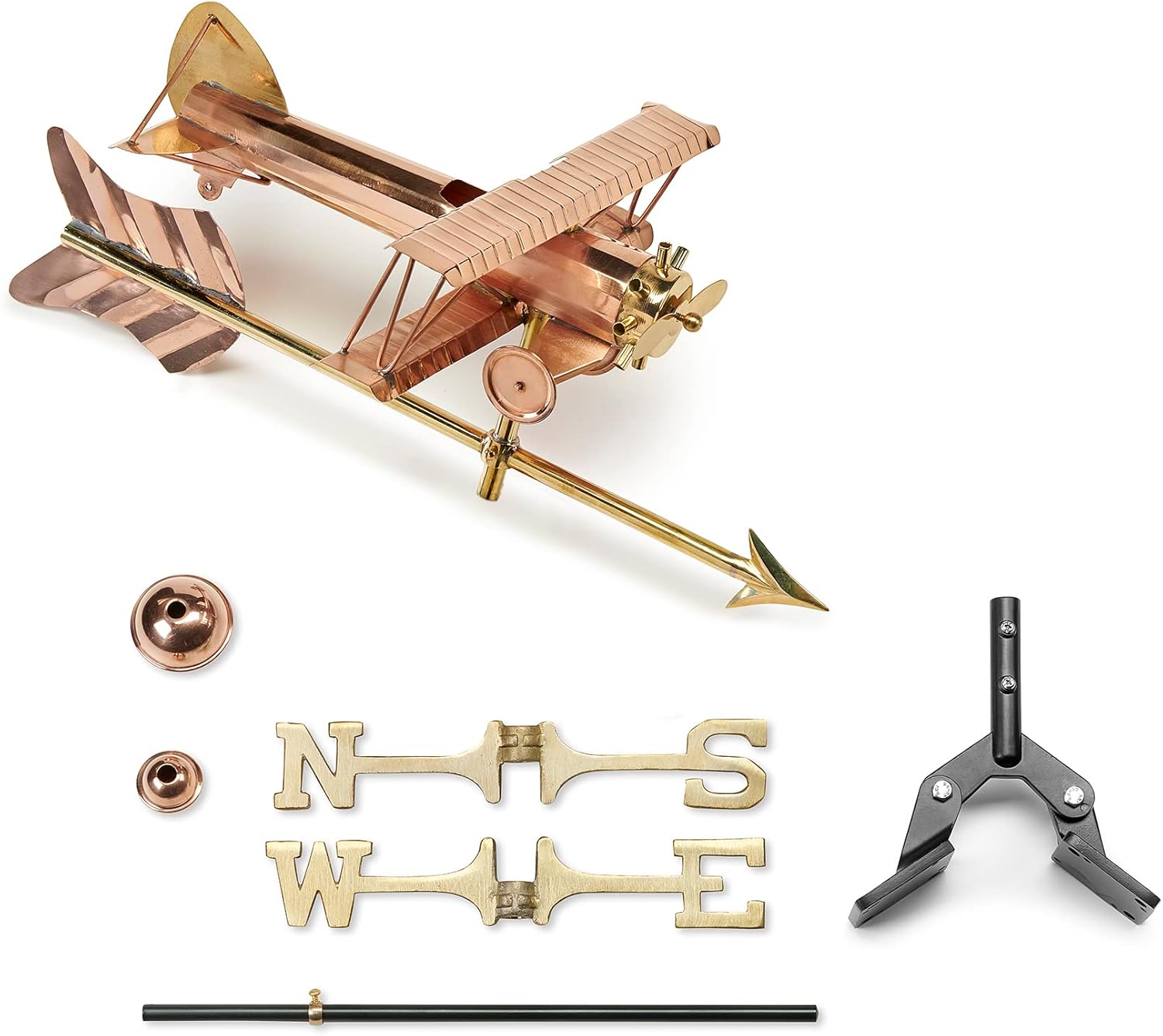 Good Directions Biplano con veleta de flecha, incluye soporte de techo, cobre puro, veletas de avión, decoración de aviación