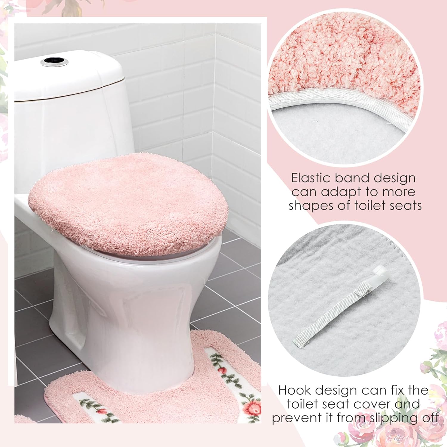 Drydiet Juego de 3 alfombras de baño rosas florales en forma de U, cubierta de tapa de inodoro, antideslizante, absorbente, floral, para hotel,