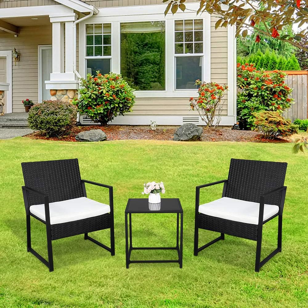 Juego de 3 piezas de muebles de mimbre para exteriores, sillas de ratán con mesa auxiliar para patio y bistró, color negro