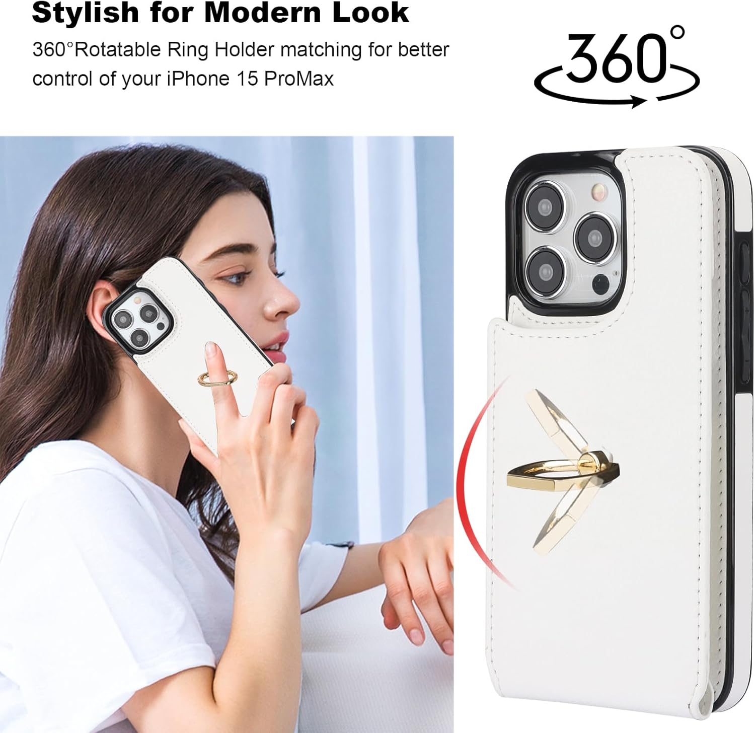 Folosu Funda compatible con iPhone 15 Pro Max con soporte para tarjetas, rotación de 360, soporte de anillo de dedo con función atril, bloqueo RFID,