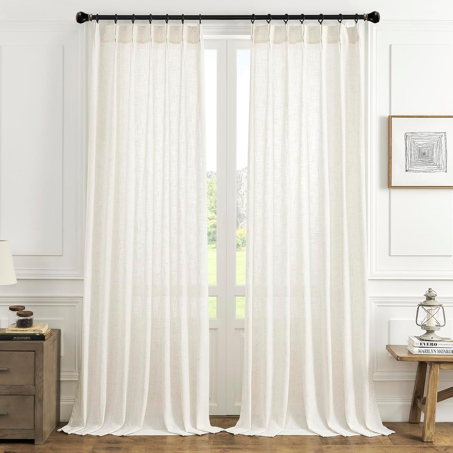 Maison Colette Cortina plisada de lino natural transparente de 95 pulgadas de largo, con pestaña trasera, cortinas de gasa transparente para
