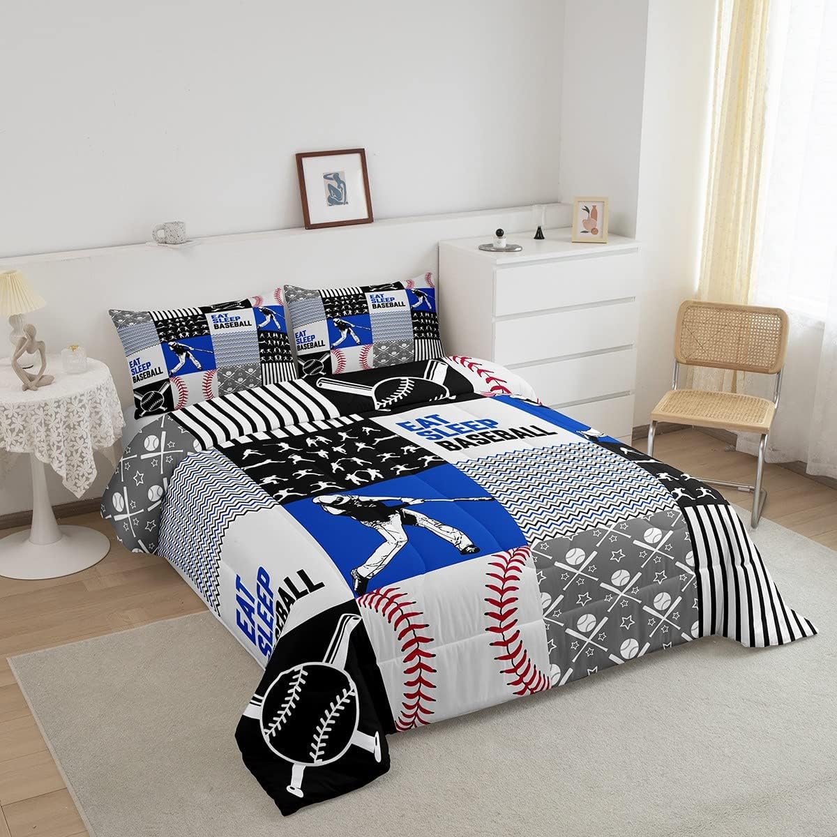 Erosebridal Juego de edredón de béisbol tamaño Queen, juego de ropa de cama de béisbol para niños, edredón cálido de pelotas de bate de béisbol,