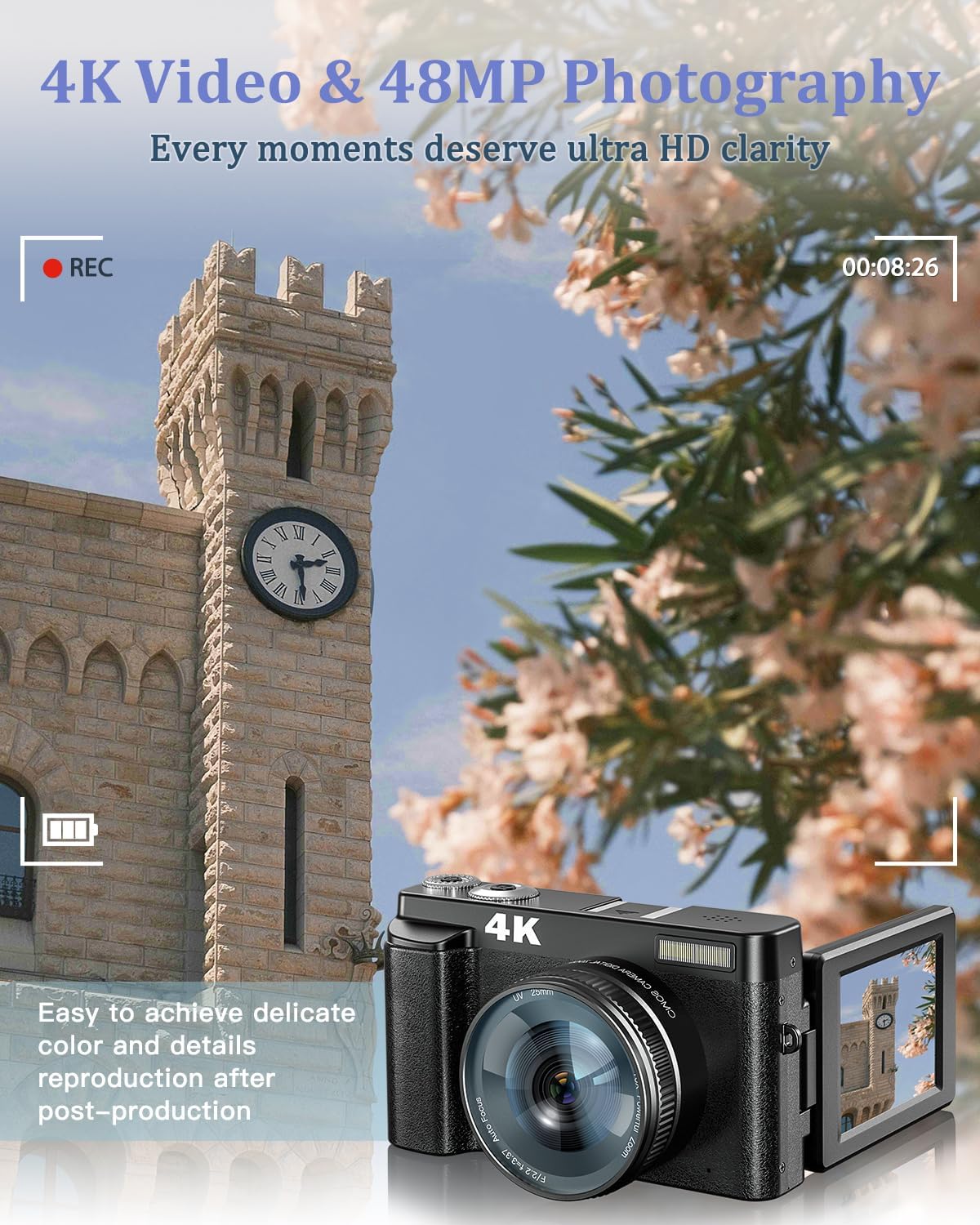 Cámara digital 4K con flash y selfie, cámara de 48 MP para fotografía con enfoque automático 16X Zoom, cámara de vlogging antivibración, cámaras