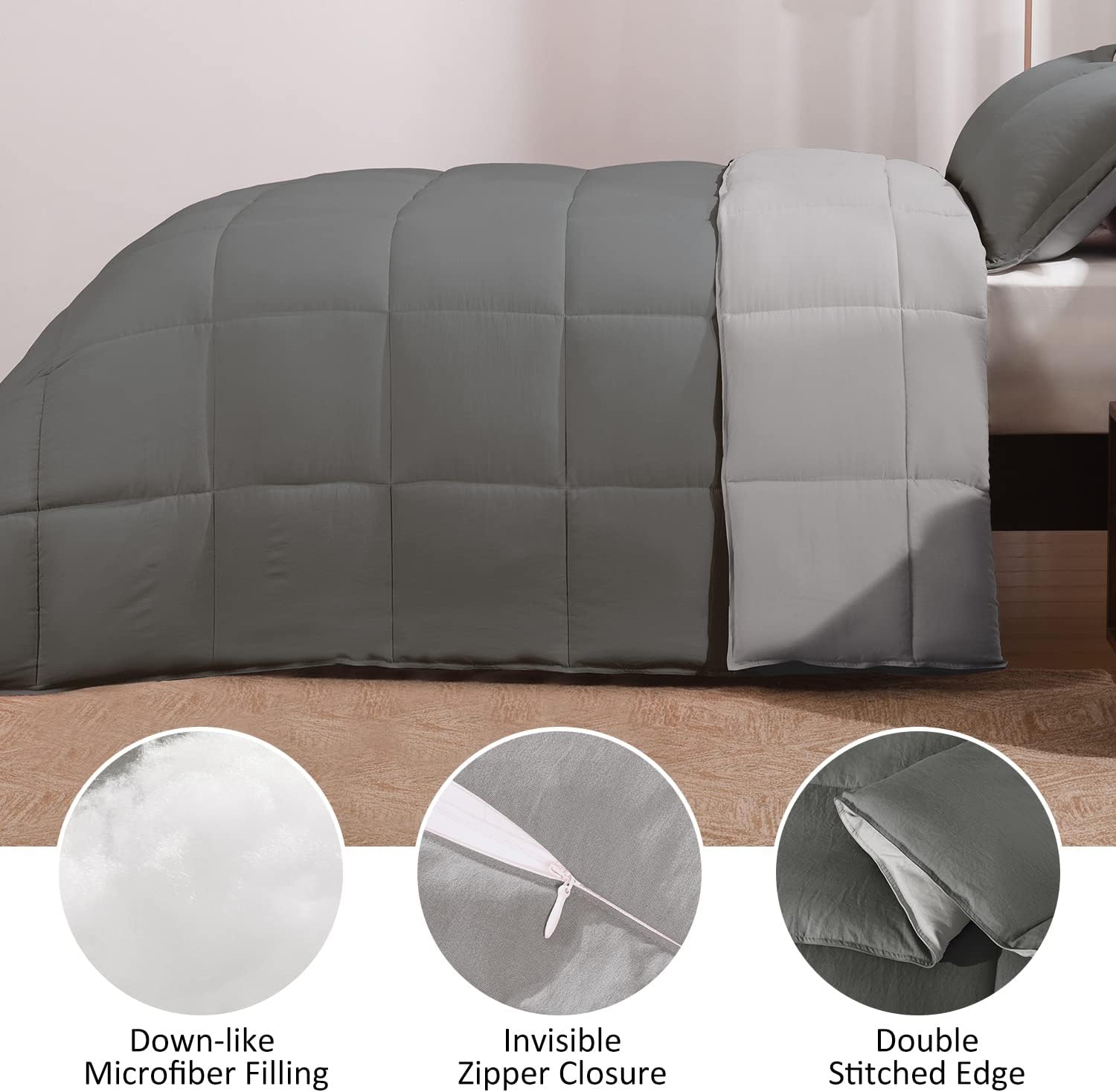 Basic Beyond Juego de edredón tamaño King  Juego de edredón esponjoso para cama King para todas las estaciones  Juego de edredón reversible gris