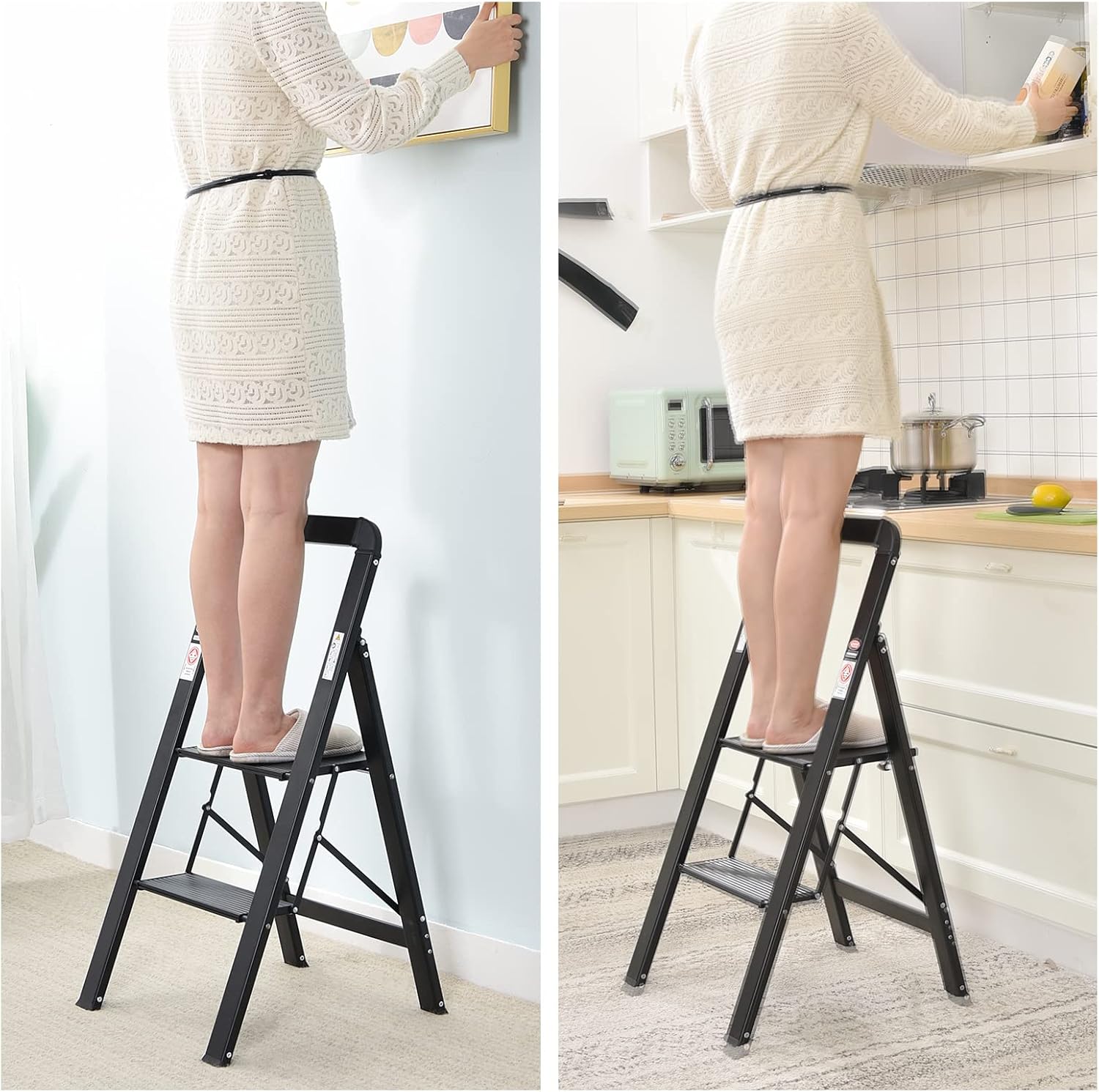 KINGRACK Escalera de escalón, 2 escalones, escalera plegable con pasamanos, escalera doméstica antideslizante con seguridad plegable, taburete de