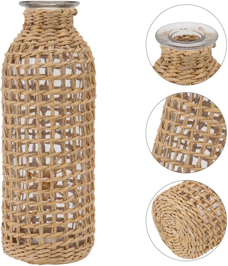 DECHOUS Jarrón de cristal bohemio para arreglos florales, jarrón pequeño decorativo para sala, jarrón de mimbre para decoración de plantas, florero,