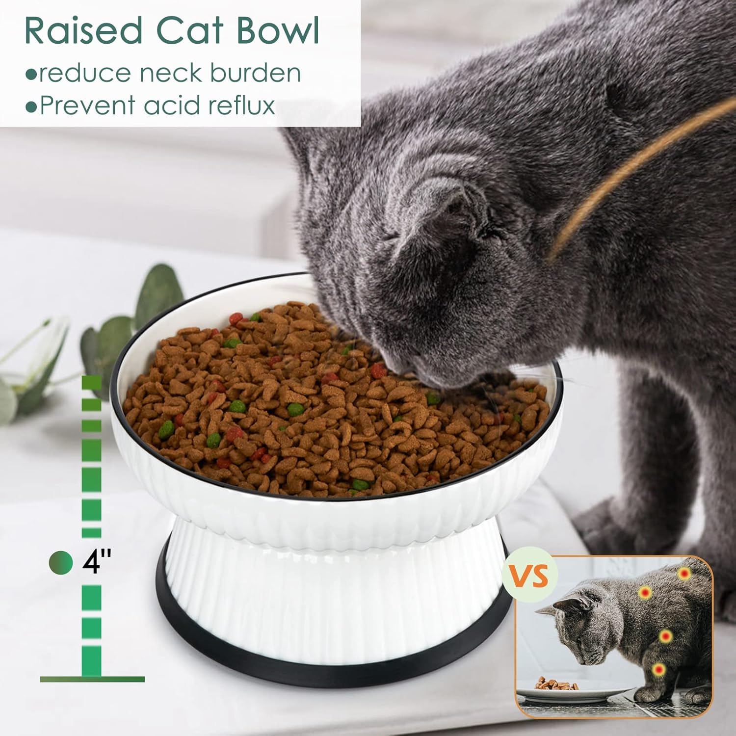 Cuenco elevado de cerámica grande para gatos, cuenco de agua elevado para gatos poco profundos con tira antideslizante para gatos y perros pequeños,
