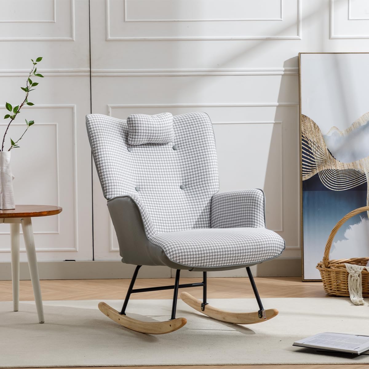 Mecedora para guardería, cómoda mecedora con respaldo de ala con pata de gallo suave y tela de cuero, silla reclinable para sala de estar,
