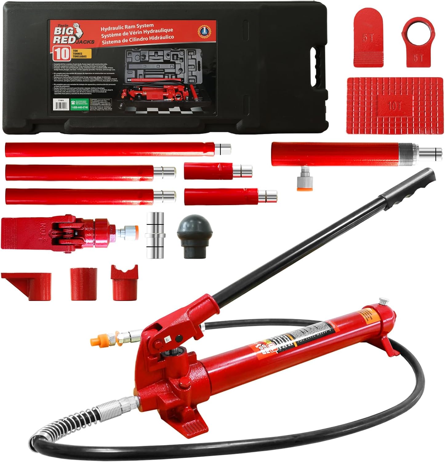 Torin – Cilindro hidráulico portátil de color rojo, kit de reparación estructural para automóvil con funda móvil, capacidad para 10 toneladas