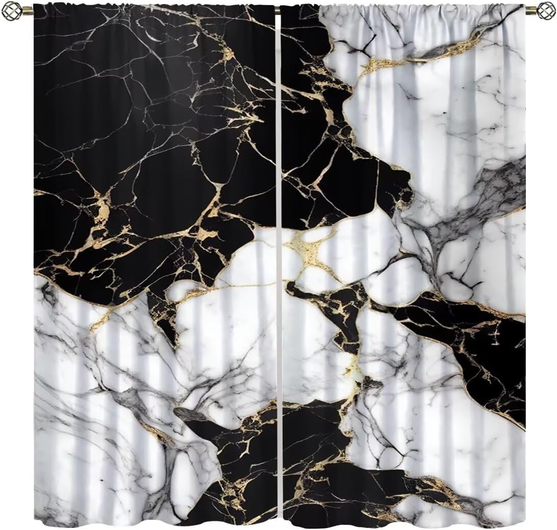 Cortinas de mármol para dormitorio, arte abstracto moderno de lujo, textura de mármol blanco y negro, tratamientos de ventana para sala de estar,
