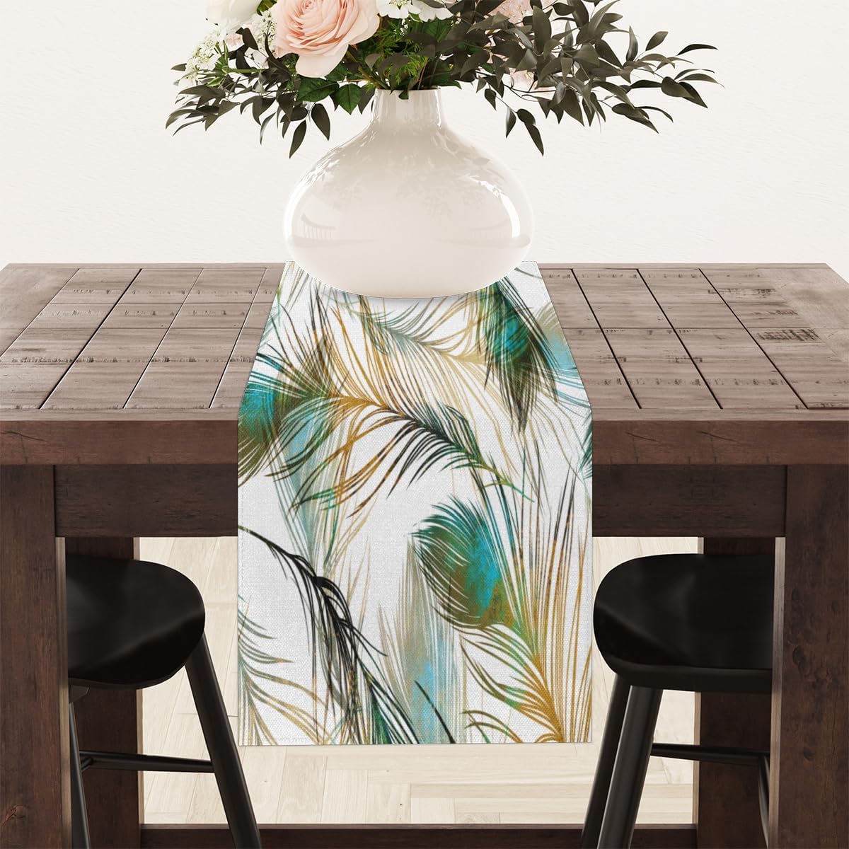 Camino de mesa con plumas de pavo real, mantel de lino rústico otoñal, decoración de mesa de cocina y comedor para fiesta en el hogar, 13 x 72