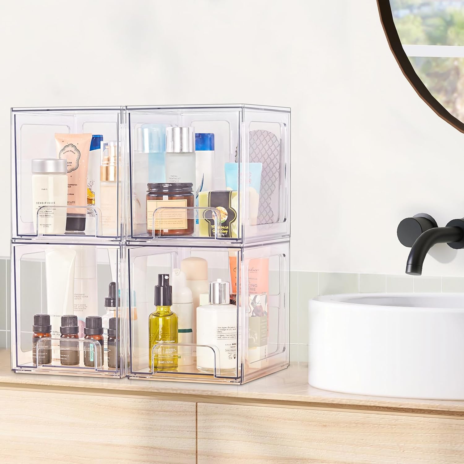 SMARTAKE Paquete de 4 cajones organizadores de maquillaje apilables, organizadores de baño de acrílico, cajones de almacenamiento de plástico