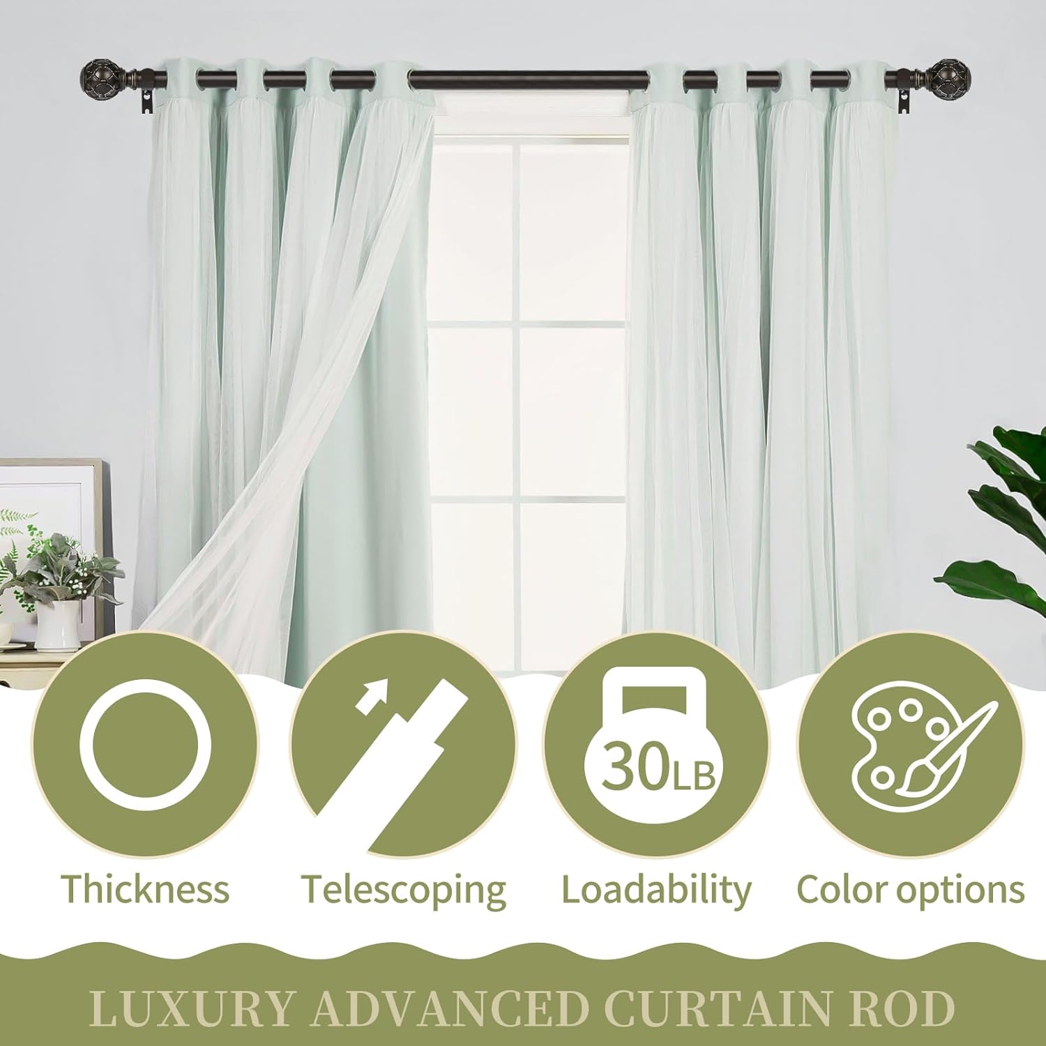 Cortineros de bronce para ventanas de 28 a 48 pulgadas (2,3-4 pies), ajustable de 1 pulgada, resistentes, con remates de textura de red, de una sola