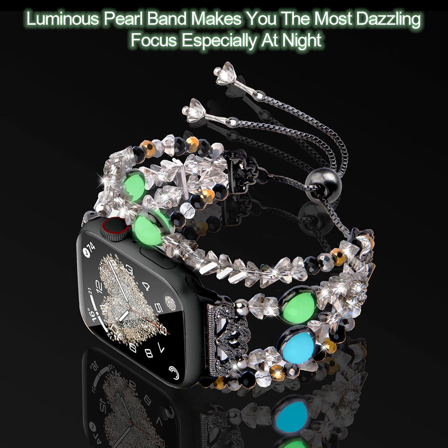 TOMAZON Correa luminosa de perlas compatible con Apple Watch de 1.496 in, 1.575 in, 1.614 in, 1.654 in, 1.732 in, 1.772 in, pulsera elegante de