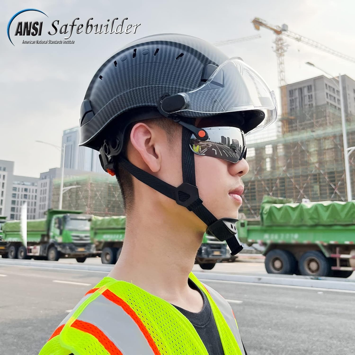 CR06X+2V Casco de seguridad de construcción con visera incorporada, casco duro ABS con visera, patrón de fibra de carbono ventilado, certificado