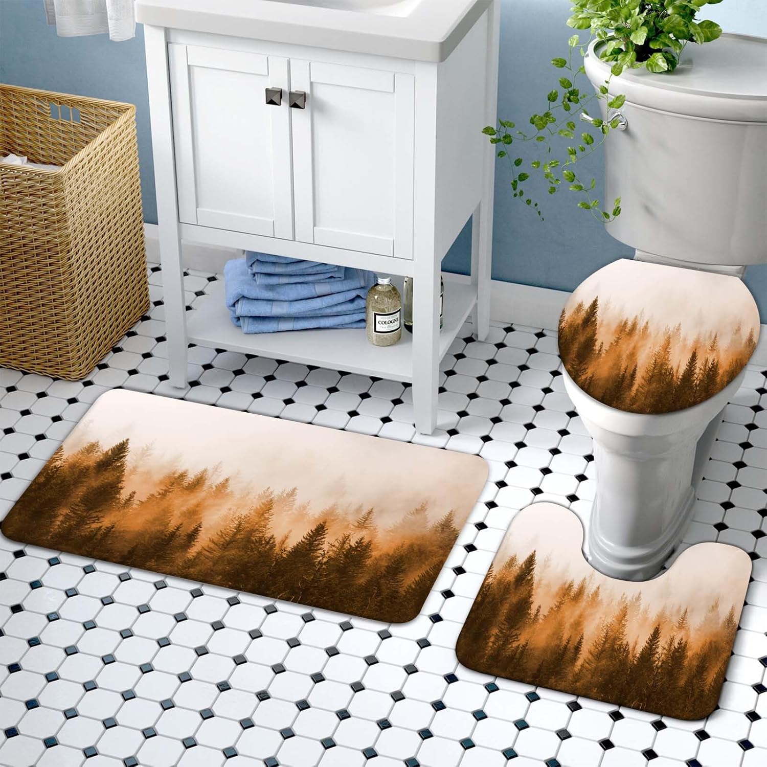 Lnond Juego de baño naranja de 4 piezas con cortina de ducha y alfombras, juegos de cortinas de ducha de baño con tapetes y accesorios, juegos de
