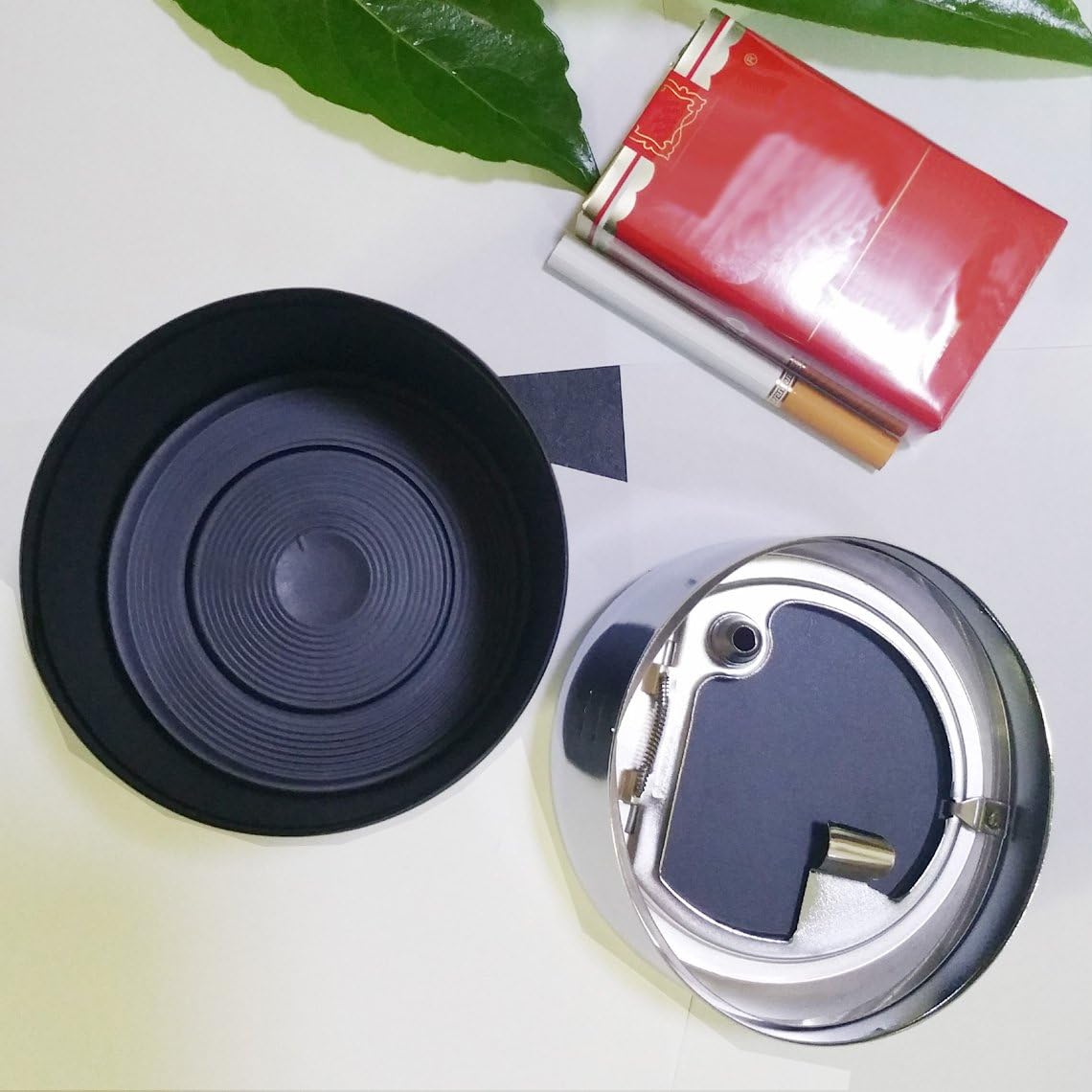 Ceniceros de acero de metal sin humo para cigarrillos con tapa de empuje de acero inoxidable cubierta, cubo portátil a prueba de viento para mesa