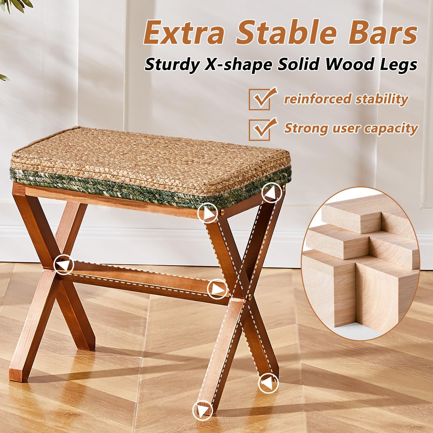 Cpintltr Reposapiés otomano de hierba marina natural, puf otomano con patas de madera, rectangular, tejido a mano, reposapiés para sala de estar,