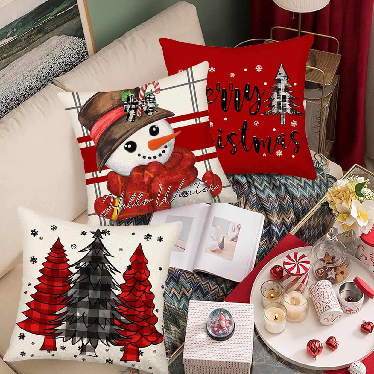 Juego de 4 fundas de almohada con diseño de árbol de Navidad, muñeco de nieve de 22 x 22 pulgadas, color rojo y blanco, decoración de Navidad,