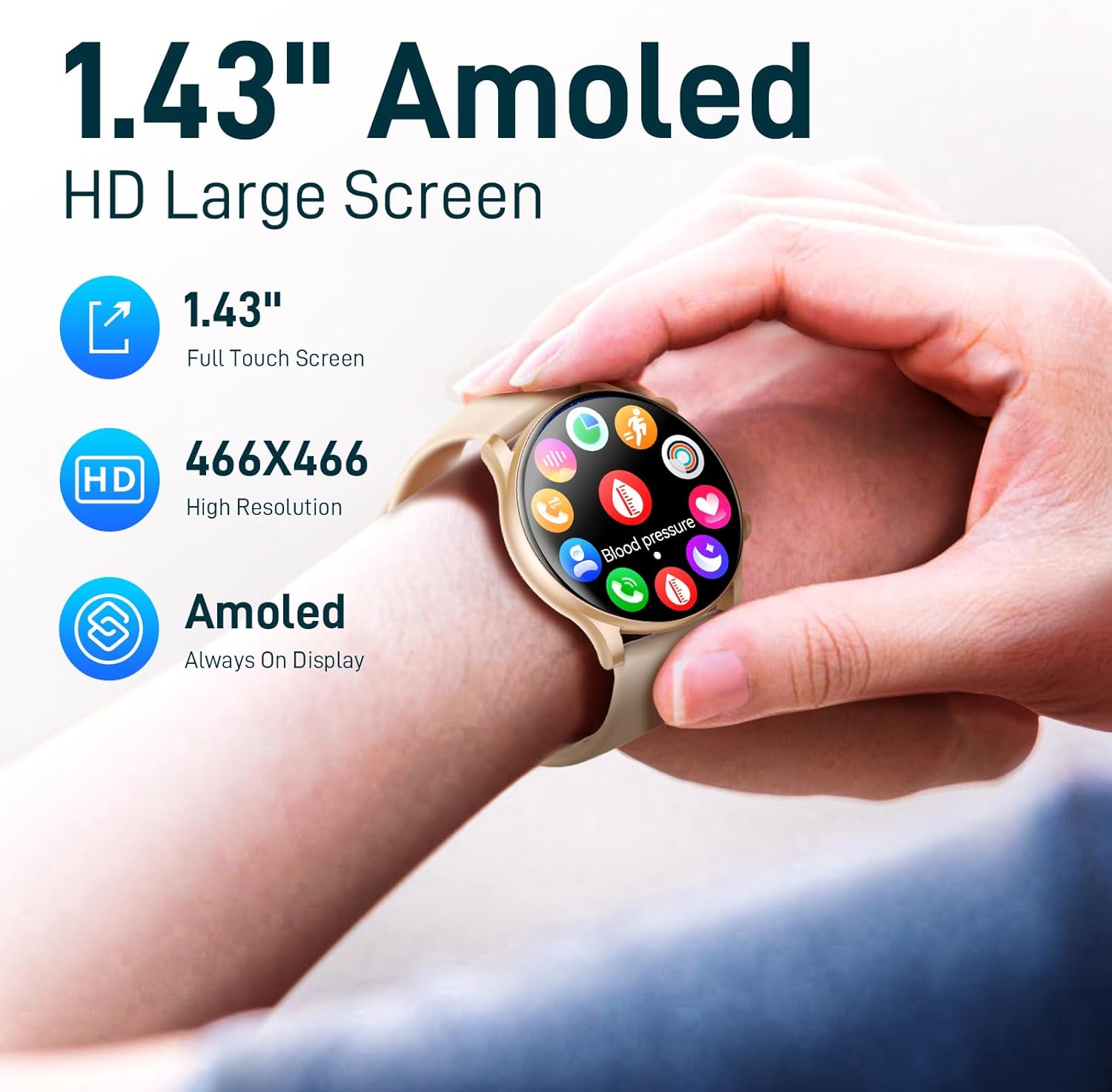EIGIIS Relojes inteligentes para hombres y mujeres, pantalla grande de 1.43 pulgadas, AMOLED siempre encendido, monitor de actividad física con