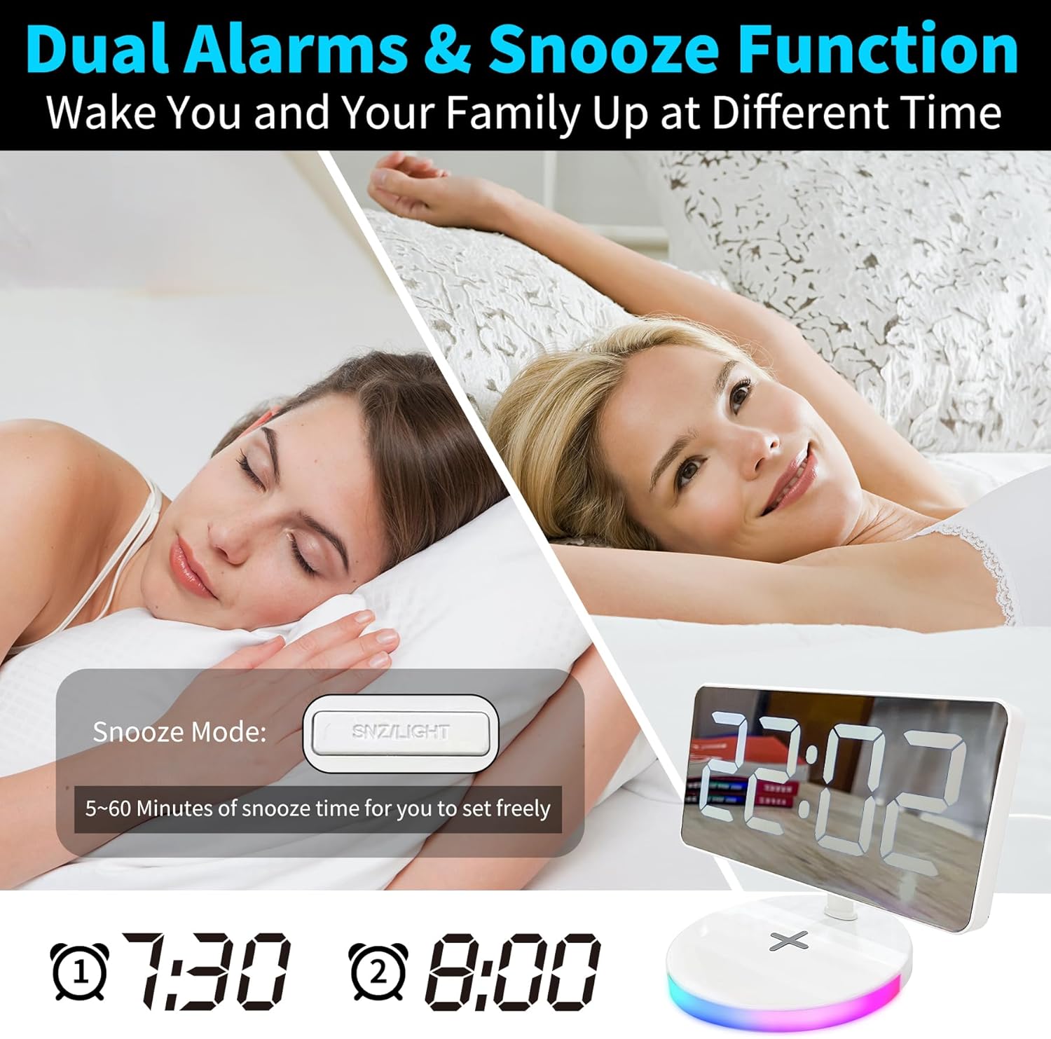 Reloj despertador digital con carga inalámbrica, espejo de escritorio, pantalla grande con luz RGB, alarma dual, repetición, cargador USB, atenuador