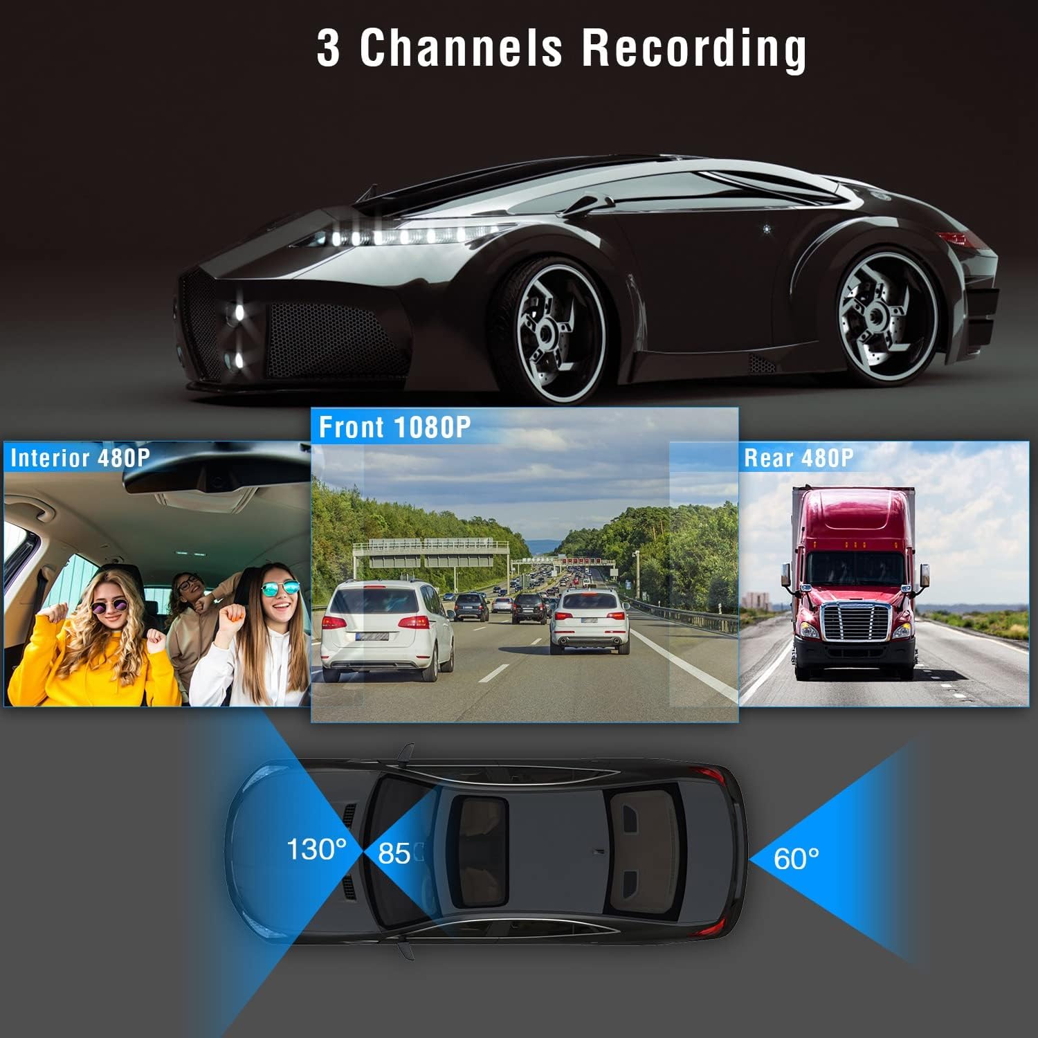 iMounTEK Cámara de tablero para automóviles, cámara de tablero de automóvil de 3 canales, 1296 x 1080P, cámara frontal interior y trasera, cámara