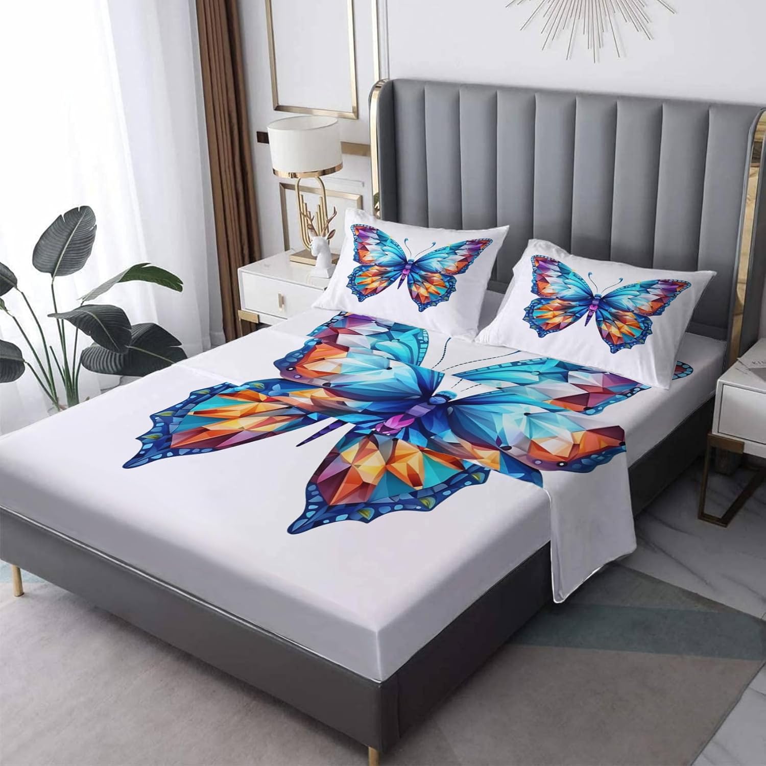Juego de sábanas de mariposa tamaño King, sábanas coloridas, sábanas y fundas de almohada estampadas de 4 piezas, sábana bajera ajustable de
