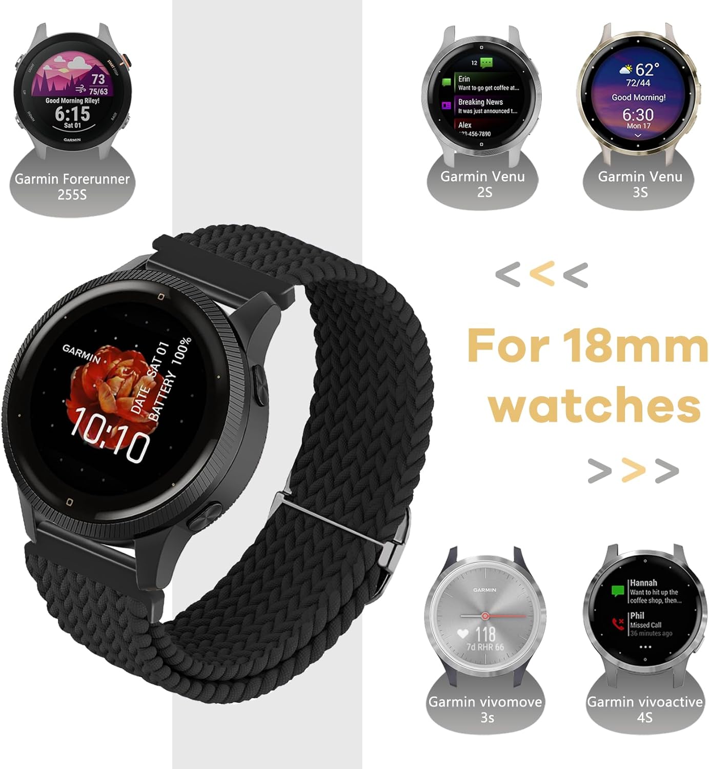 Folavii 18mm Braided Stretchy Nylon Watch Bands Compatible with Garmin Venu 2SVenu 3SVivoactive 4SVivomove 3SForerunner 255SForerunner 265S, Quick