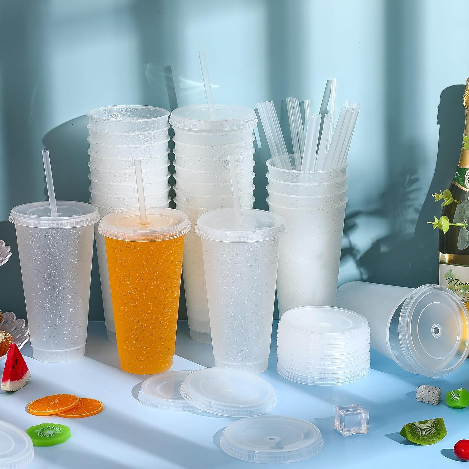 Dandat 24 vasos de plástico con tapa y pajita, vasos reutilizables de 24 onzas, vaso de café helado con purpurina a granel, taza de viaje para niños