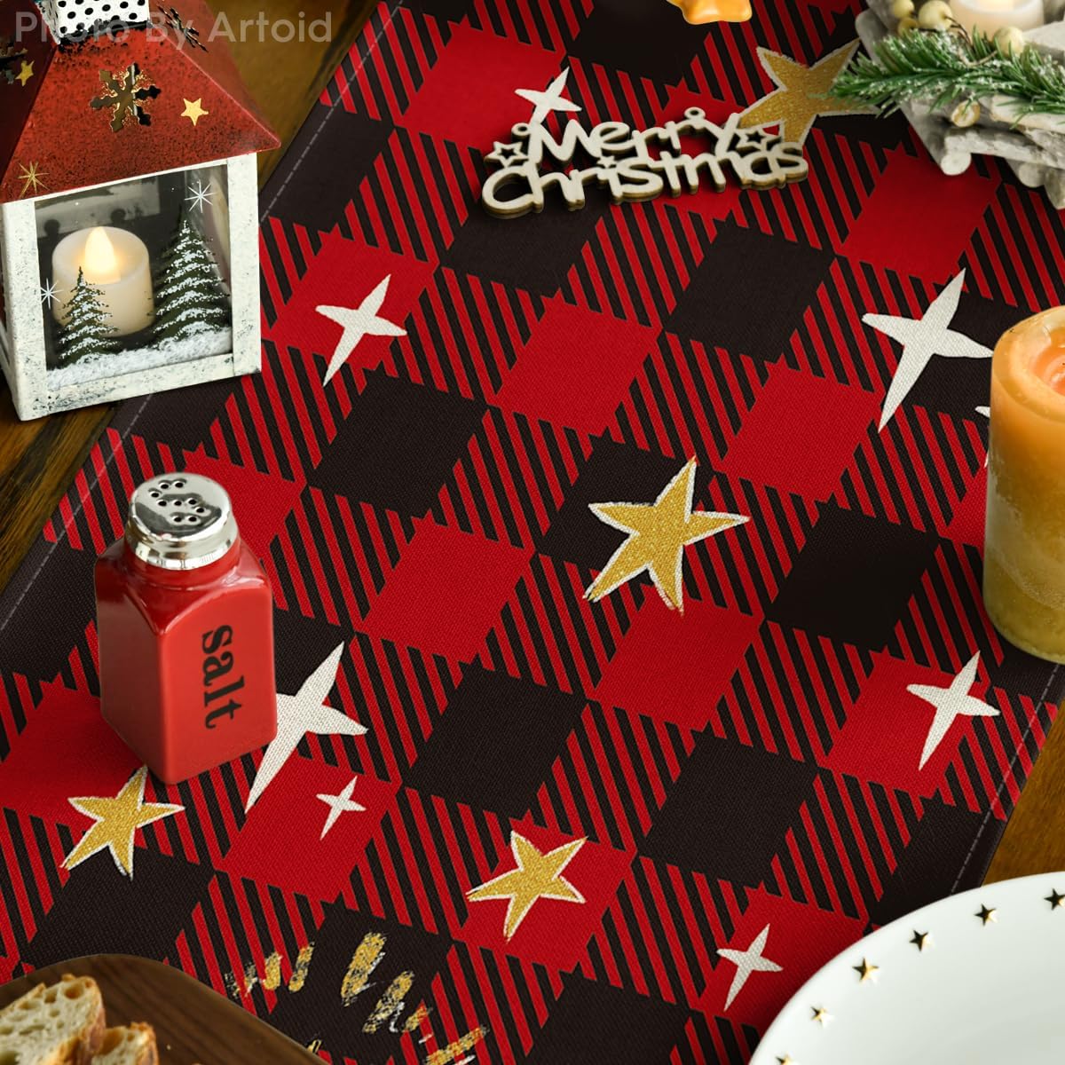 Artoid Mode Camino de mesa de Navidad de pastor Kogiya, diseño de búfalo a cuadros, decoración de mesa de comedor para decoración de fiesta del