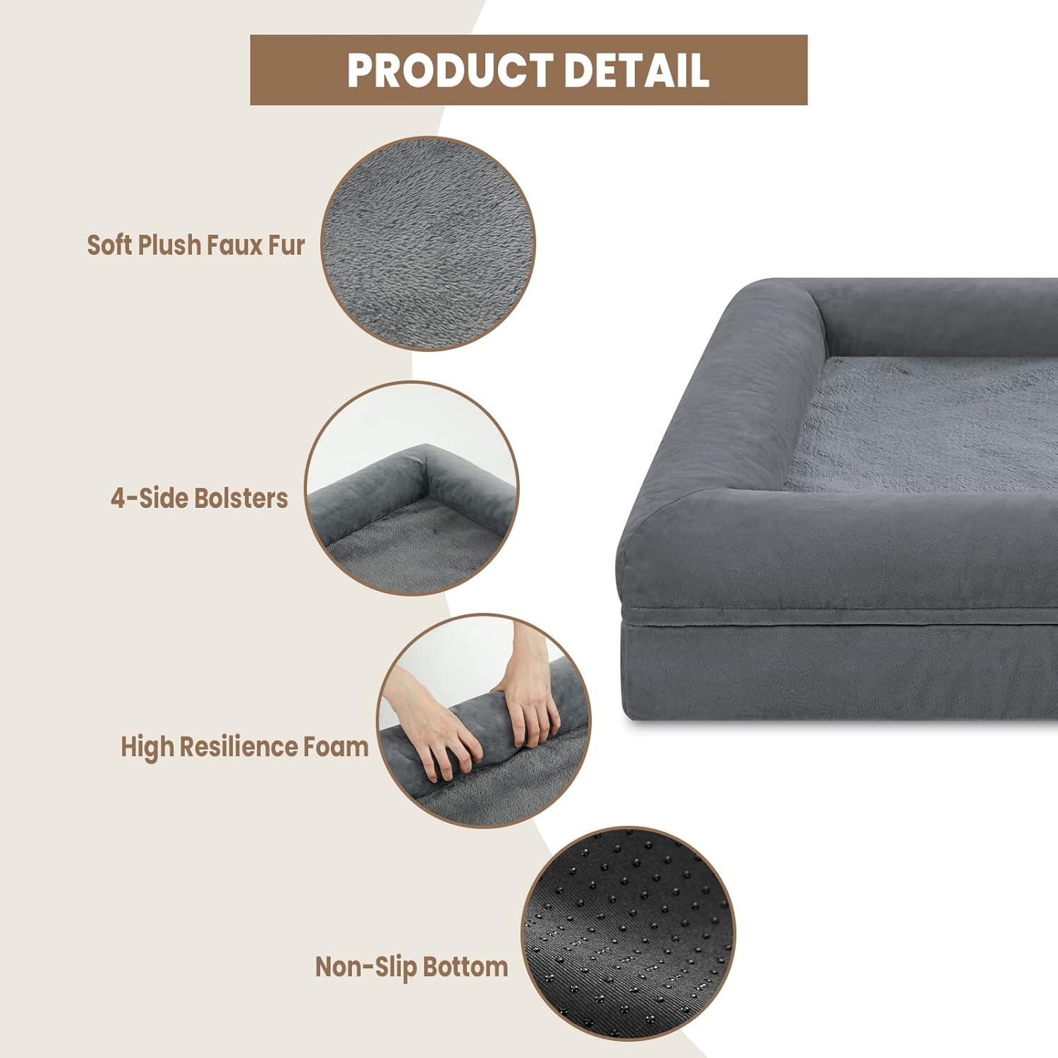 Cama grande para perro, cama ortopédica gris oscuro, cama impermeable para perro con funda extraíble, sofá cama suave extraíble de 4 lados con parte