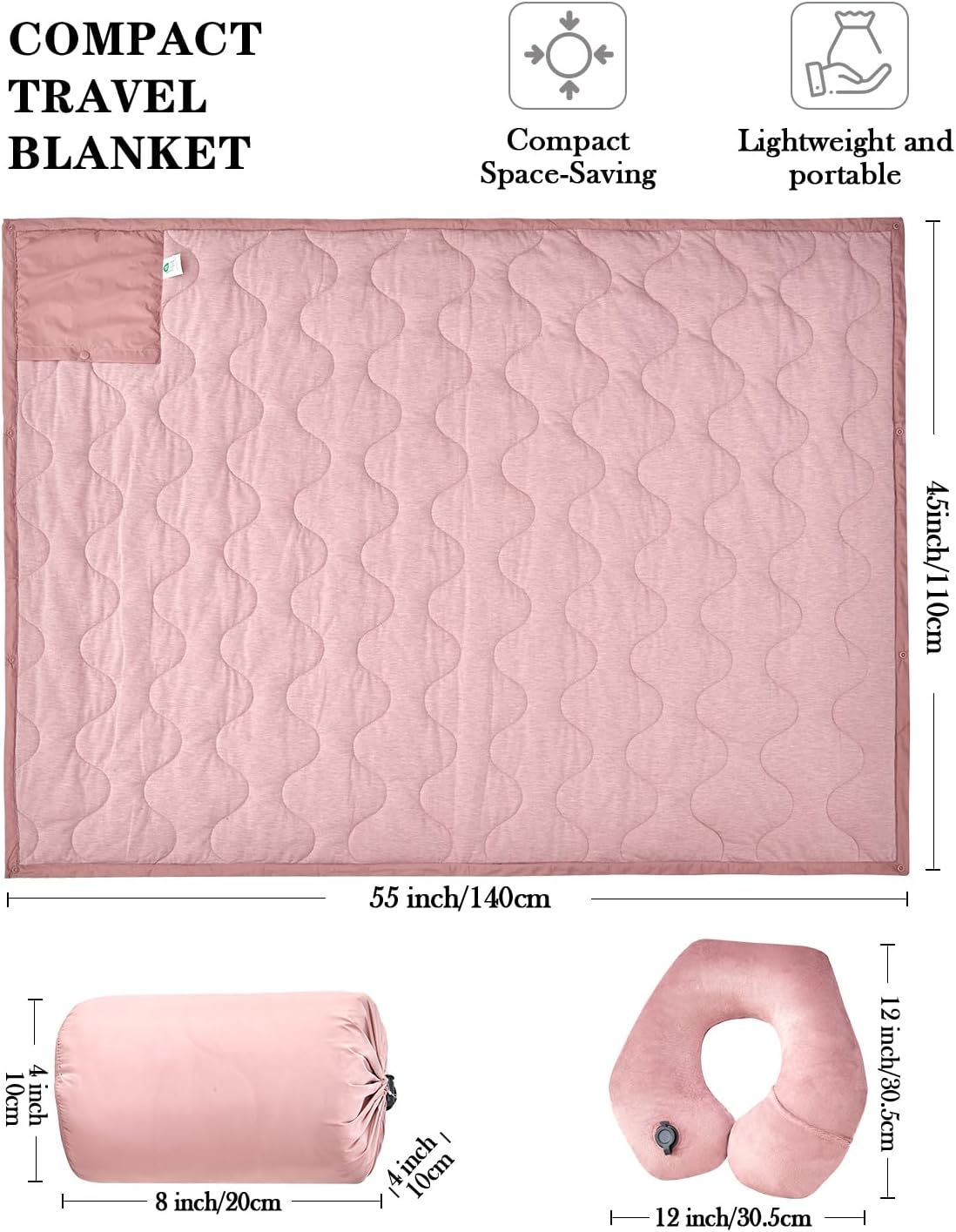 Commollis Juego de manta de viaje de lujo  Juego de manta de viaje y almohada  Almohada inflable portátil para el cuello de viaje y manta suave de