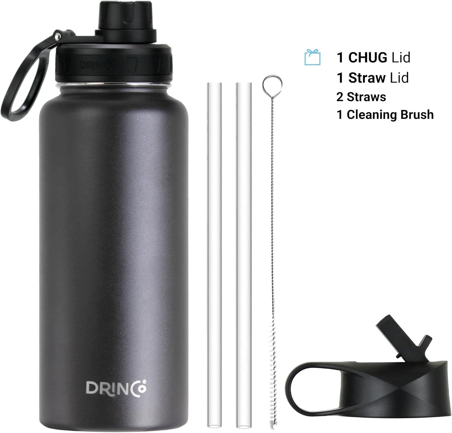 DRINCO Botella de agua de acero inoxidable con tapa de boquilla aislada al vacío, botella de agua de doble pared, boca ancha (40 onzas, 32 onzas, 22