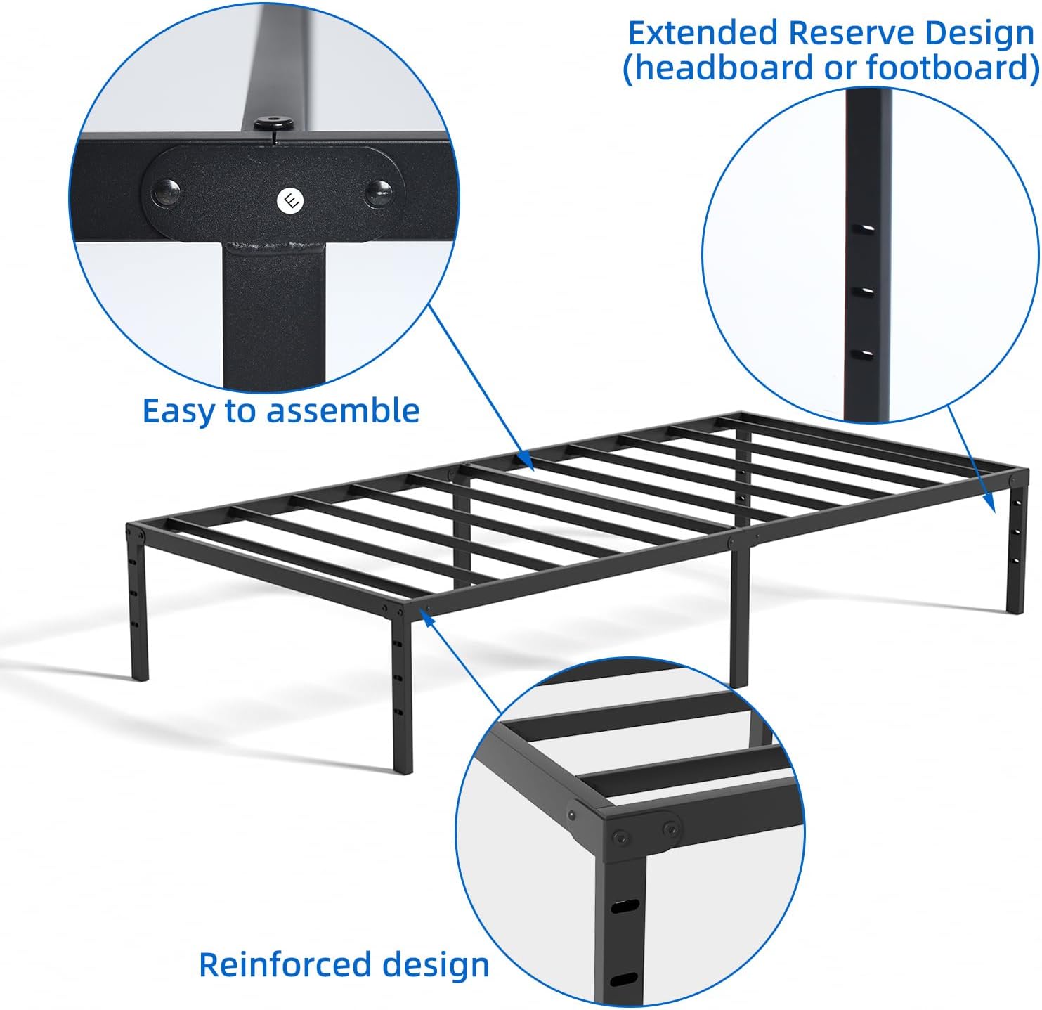 zizin Base de cama tamaño King de 16 pulgadas, plataforma de metal, no necesita somier, base de colchón con listones de acero, soporte de cama